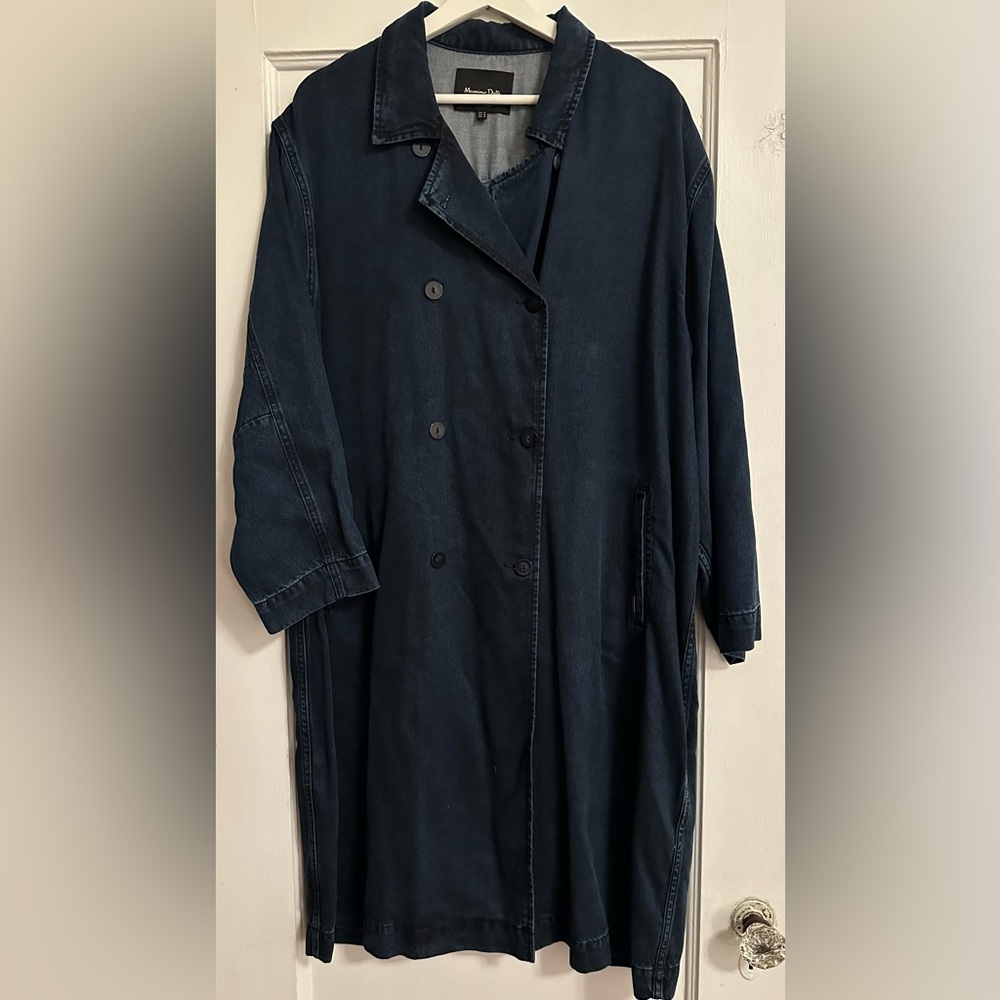 Massimo Dutti Women's Navy Blue Denim Double-Breasted Coat